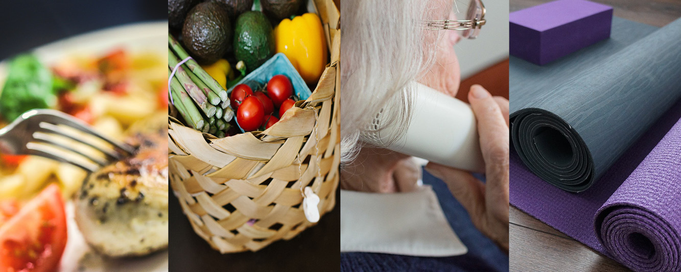 Collage of images, including food on a plate, a basket of groceries, a woman talking on the phone and yoga mats